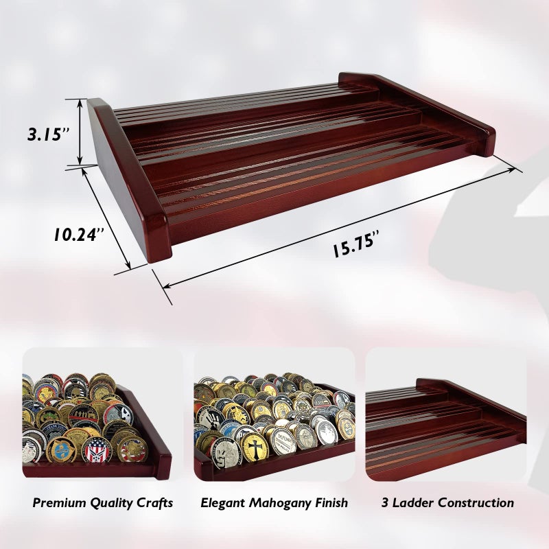 ASmileIndeep 12 Rows Military Challenge Coin Holder Display Case Holds 90-100 Coins, Solid Wood Army Coin Rack Display Stand for Desktop, Mahogany - Image 4